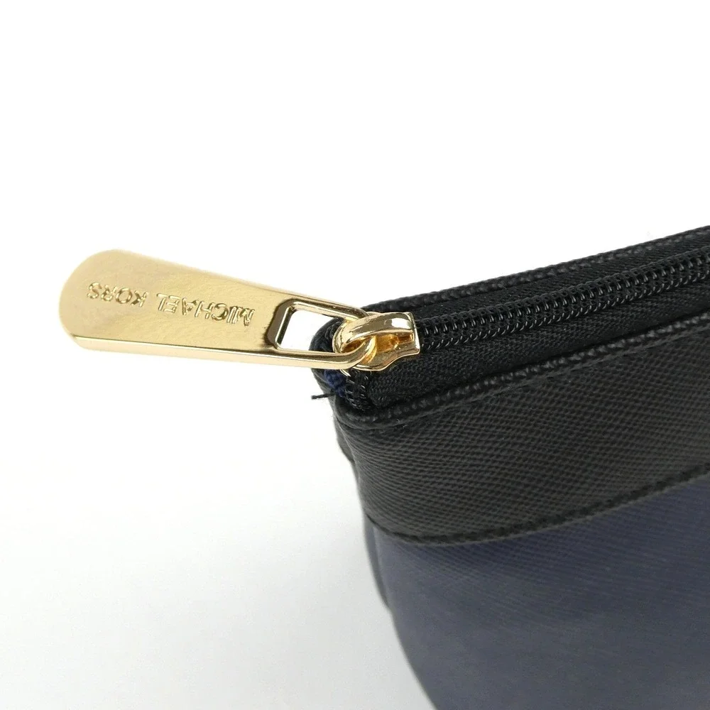 Michael Kors Black Navy Leather Cosmetic Zipper Pouch Case